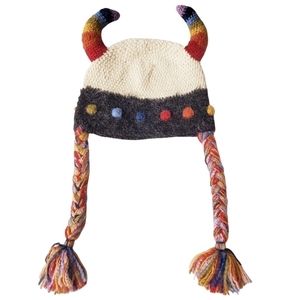 Hand Knit Viking Hat with Horns & Braids